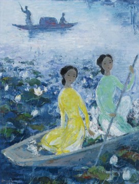 VCD 蓮の池でボート遊びをする女性たち アジア人 Oil Paintings